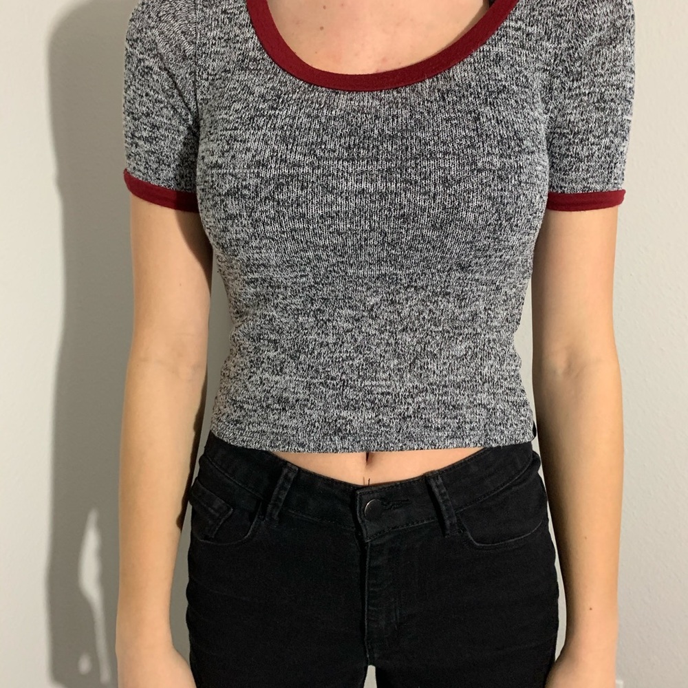 grey and burgundy top